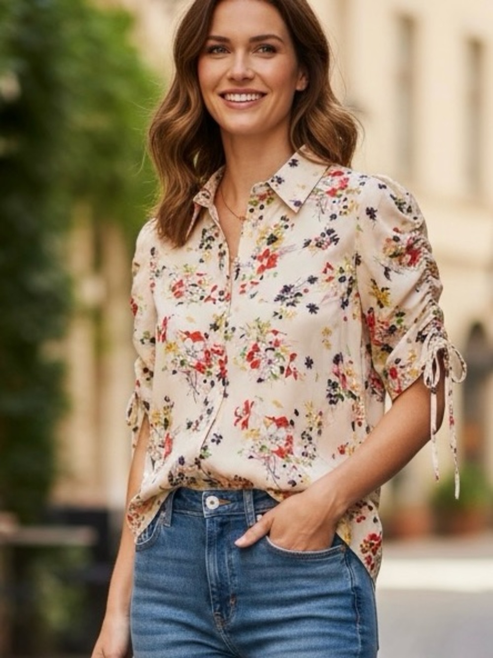Veronica Beard Cream Floral Tie-Sleeve Button Front Blouse